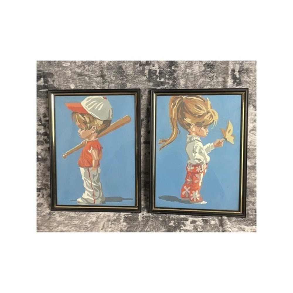 Vtg Paint By Number Paintings Set Boy Baseball Girl Butterfly Framed 1960